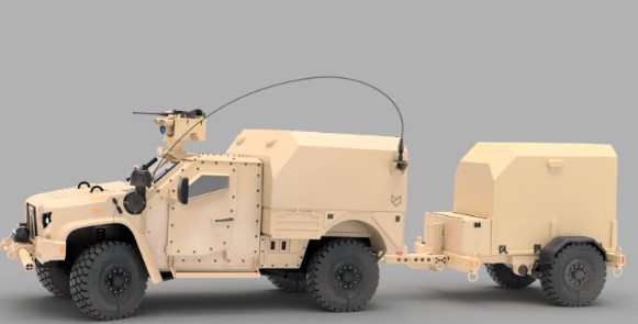 JLTV carrying one MilBESS 100 enclosure and towing a second enclosure on a JLTV Trailer